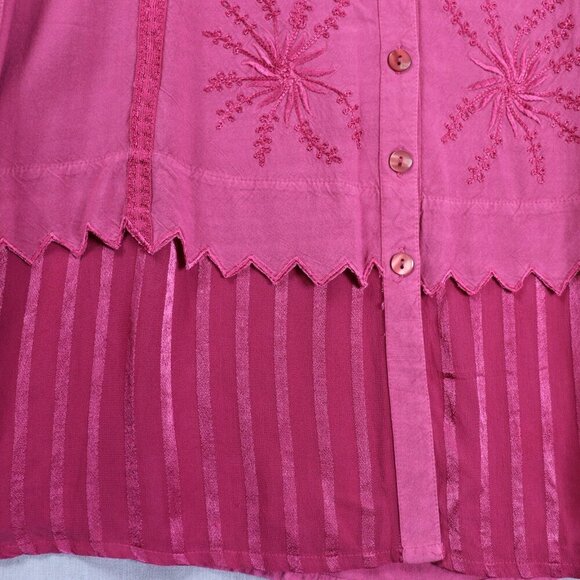 BFA Classic Embroidered Button Front Dress M Boho Fuchsia Rayon Midi Tie Back - Picture 10 of 16